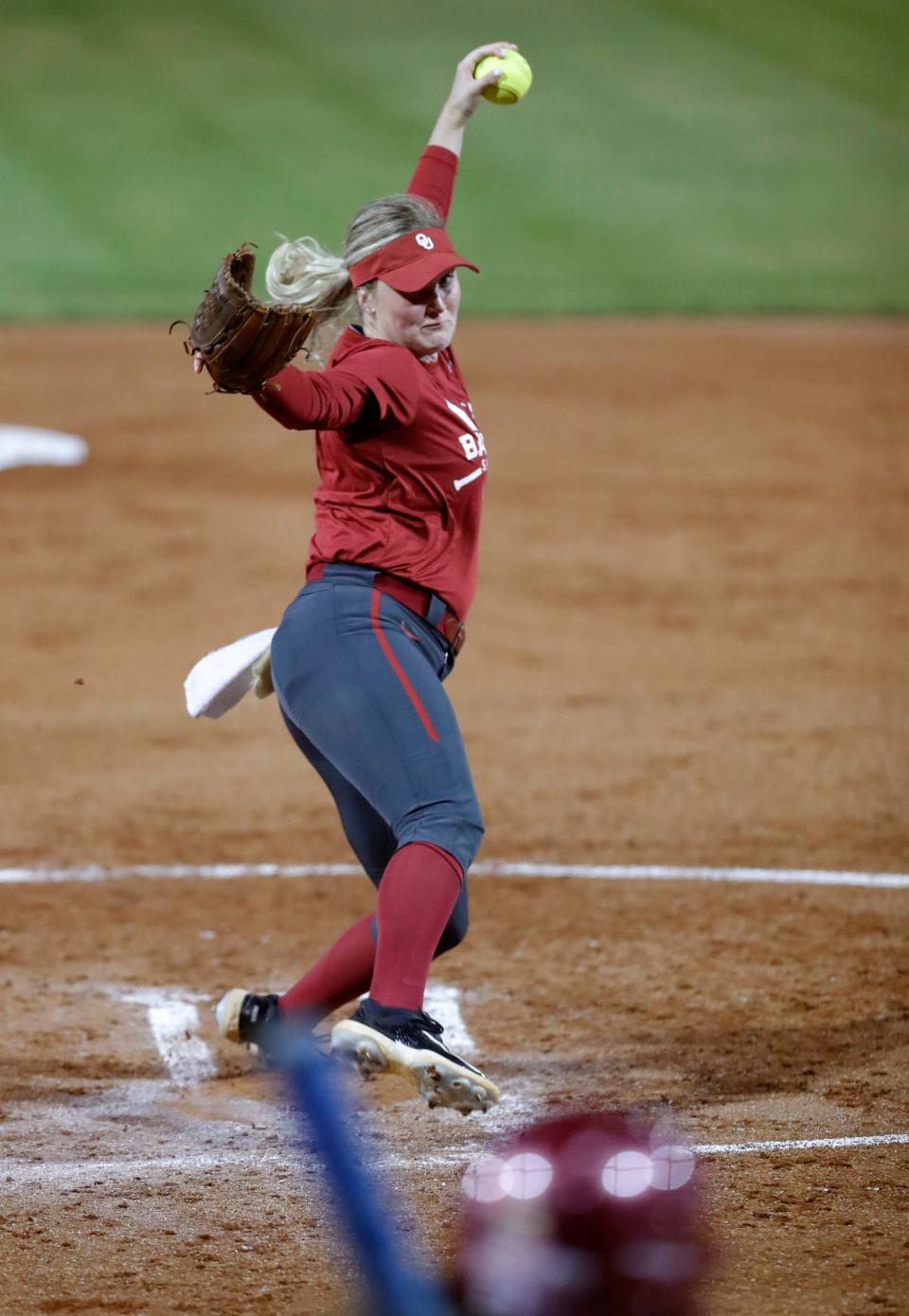 Oklahoma's Kelly Maxwell throws a pitch during the University of Oklahoma softball competes in the Battle Series Game 5 at Marita Hynes Field in Norman, Okla., Thursday, Nov., 9, 2023.