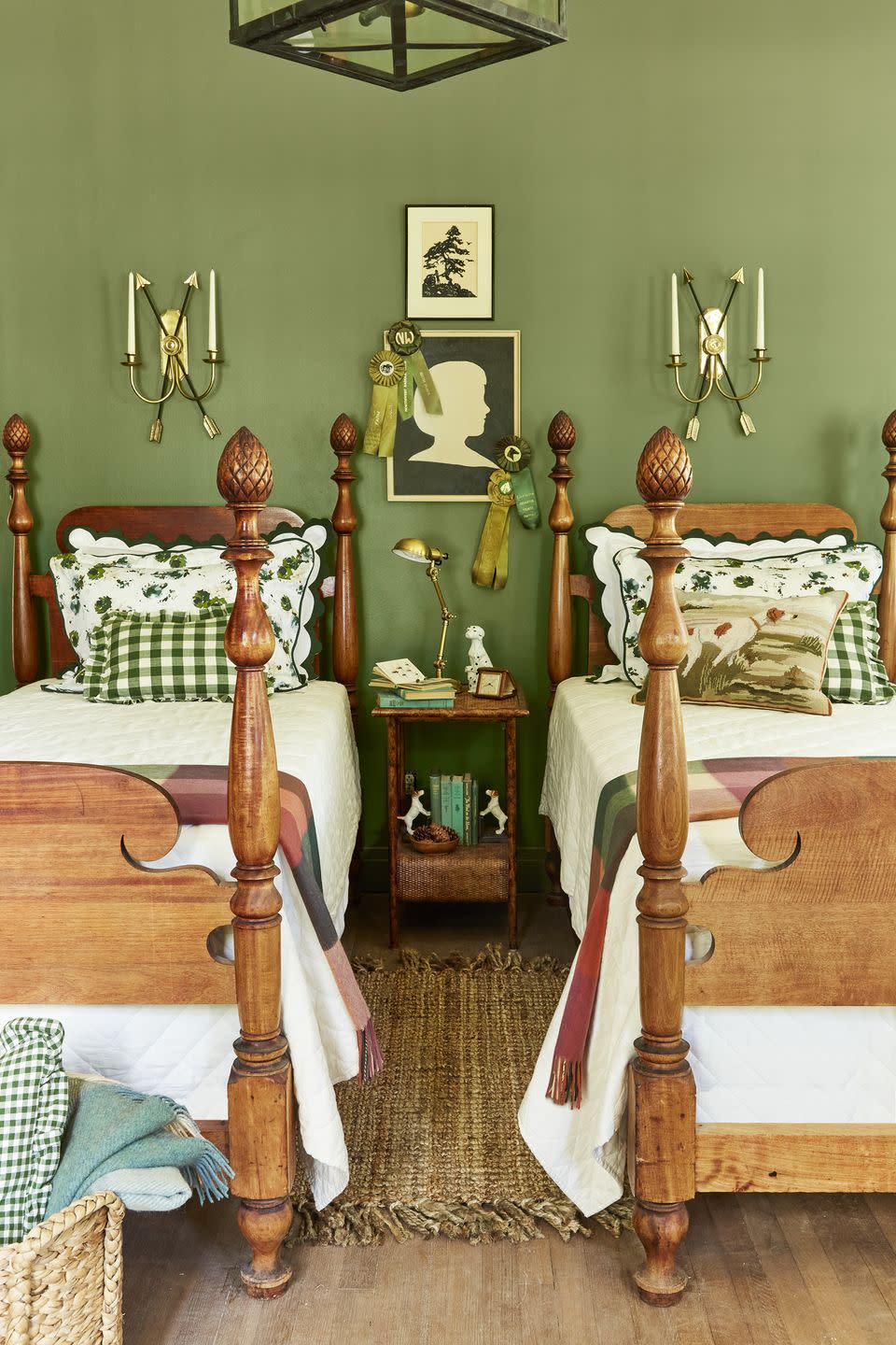guest bedroom with green walls and twin beds, vintage and farmhouse decor