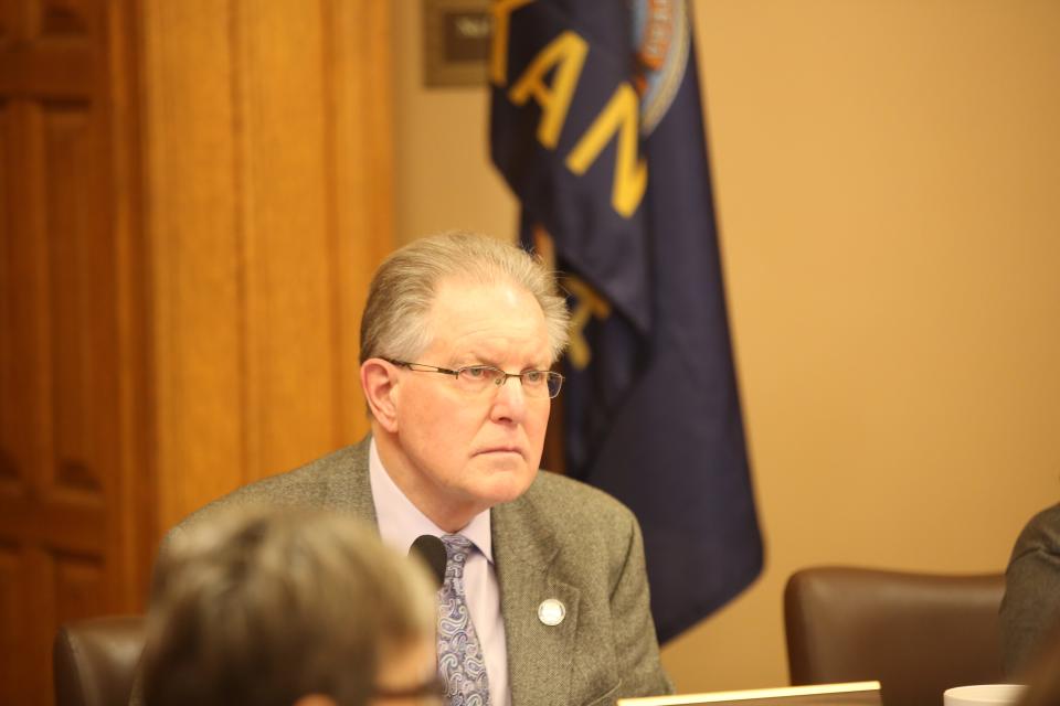 Sen. Mike Thompson, R-Shawnee, chair of the Senate Federal and State Affairs Committee listens to testimony on medical marijuana Wednesday.