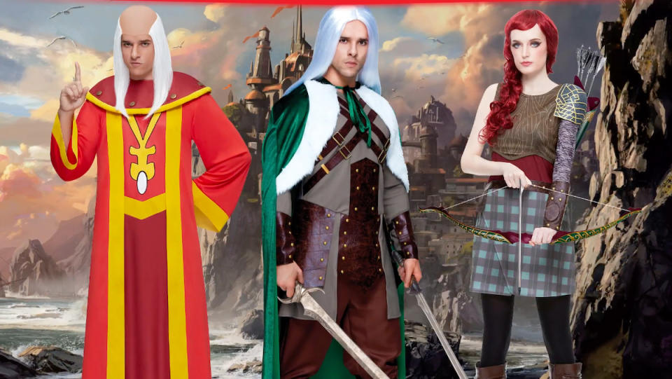 Three models wear wizard, knight, and archer costumes.