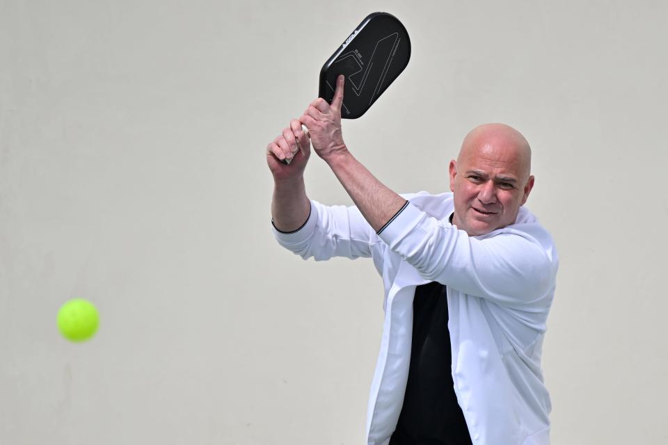 Andre Agassi returns a shot during a Pickleball match in Las Vegas in March 2023.