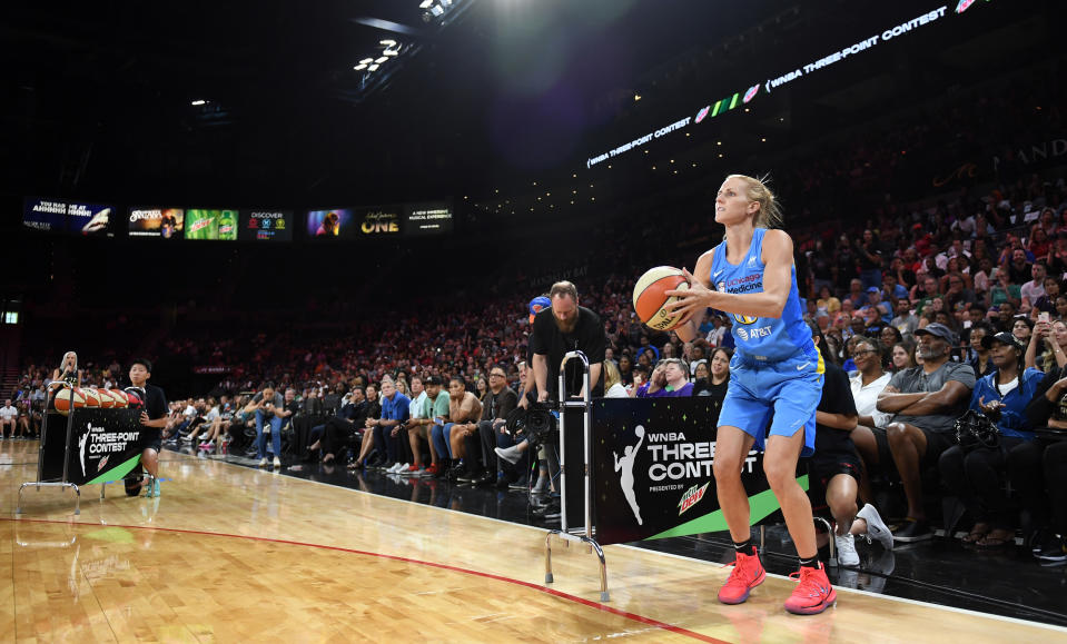 Allie Quigley of the Chicago Sky competes in the 3-Point Contest during the Skills Challenge of the WNBA All-Star Friday Night at the Mandalay Bay Events Center on July 26, 2019 in Las Vegas, Nevada. NOTE TO USER: User expressly acknowledges and agrees that, by downloading and or using this photograph, User is consenting to the terms and conditions of the Getty Images License Agreement.  (Photo by Ethan Miller/Getty Images)