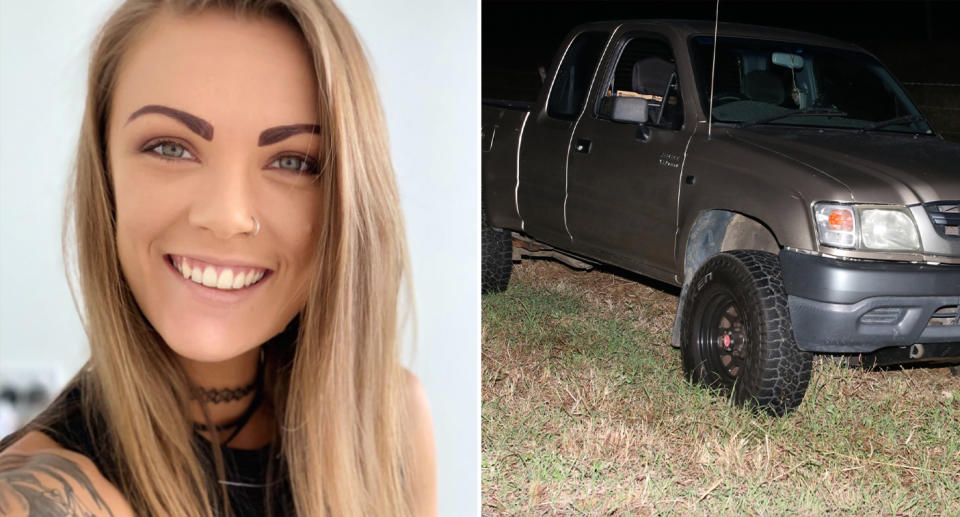 Left, Courtney Paige Anderson seen smiling. Right is the gold Toyota Hilux she was travelling in with her partner at the time of her death on Bruce Highway on Easter Monday.