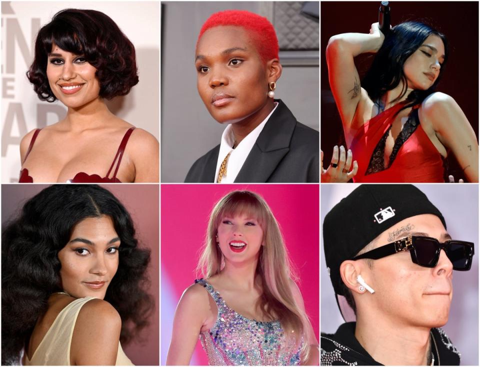 Top left clockwise: 2024 Brit nominees RAYE, Arlo Parks, Dua Lipa, Central Cee, Taylor Swift and Olivia Rodrigo (Getty)