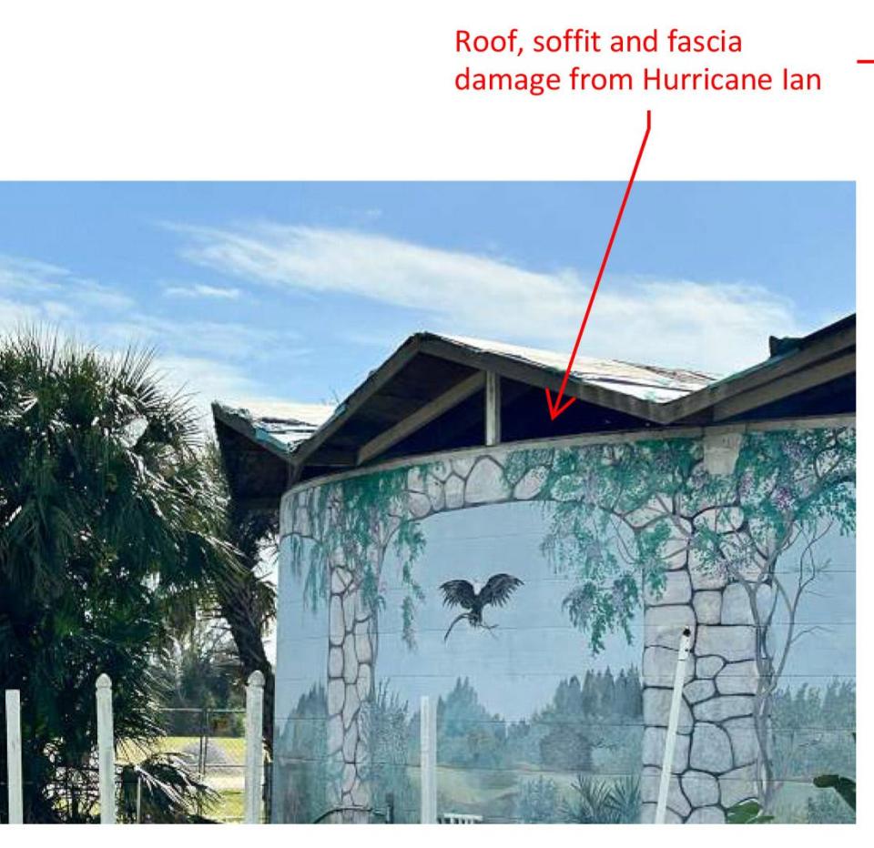 This photo, which is part of a report submitted to the North Port City Commission, shows roof, soffit and fascia damage caused by Hurricane Ian on the cyclorama at Warm Mineral Springs.