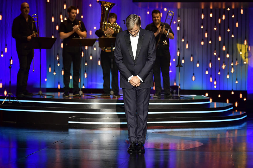 US actor and film director Viggo Mortensen, gestures during the ceremony for receiving the Donostia Award for his contribution to the cinema during the 68th San Sebastian Film Festival, in San Sebastian, northern Spain, Thursday, Sept. 24, 2020. (AP Photo/Alvaro Barrientos)