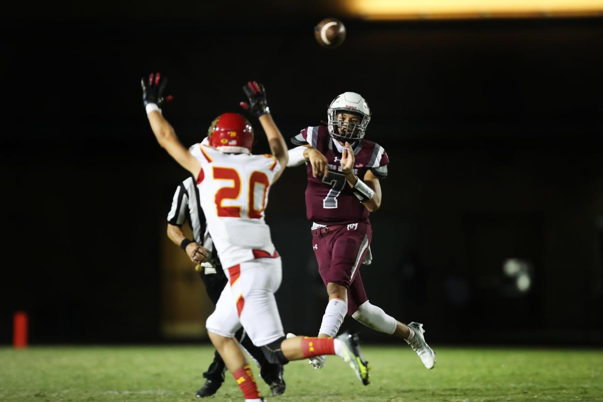 Rancho Mirage's quarterback Ethan Zamora throws the ball against Hemet in Rancho Mirage, Calif., on Thursday, August 18, 2022.