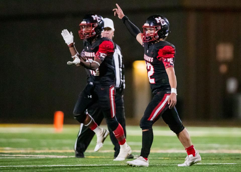 Motley County’s Demitric Sims (13) and Kadyn Roys (12) react against Jayton during the UIL 1A-D2 State Quarterfinal game on Friday, Nov. 26, 2021, at Reddell Field in Idalou, Texas.