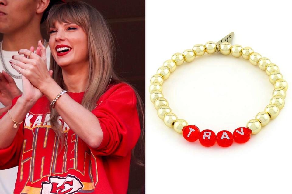 <p>Jamie Squire/Getty; Erimish</p> Taylor Swift and a Trav bracelet