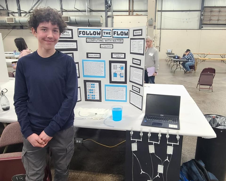Theo Hansen, a Grade 8 student at Morell Consolidated School, built his project "Follow the Flow: Computing with Water" for the P.E.I. Science Fair held Tuesday at Charlottetown's Eastlink Centre. His invention: a simple computer that can add numbers using flowing water and 3D-printed parts.