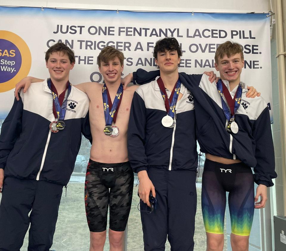 Pittsford's 200-yard freestyle relay team of Calvin Braun, Ethan Rehkopf, Cam Stetzer and Lucas Golembiewski broke their own Section V record (1:24.30) while placing second at the NYSPHSAA championships Saturday, March 2, 2024 at Ithaca College.