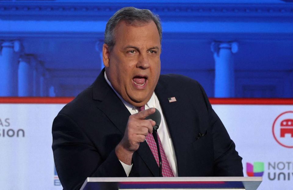 PHOTO: Former New Jersey Governor Chris Christie speaks during the second Republican candidates' debate of the 2024 U.S. presidential campaign at the Ronald Reagan Presidential Library, Sept. 27, 2023, in Simi Valley, Calif. (Mike Blake/Reuters)