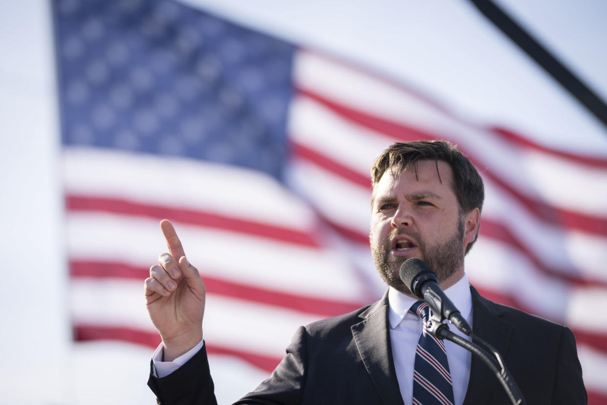 J.D. Vance speaks at a rally. 