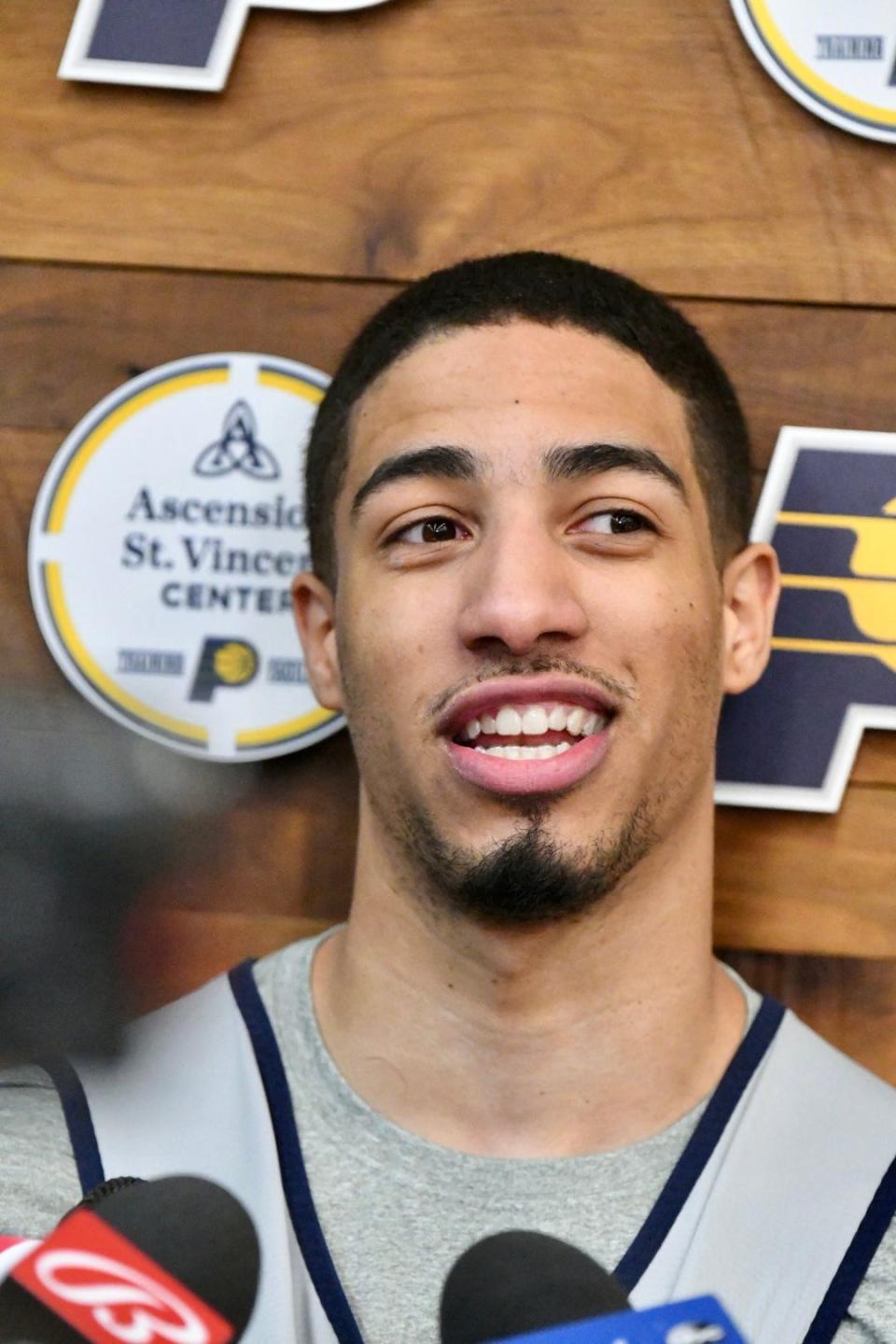 Tyrese Haliburton speaks to the media after Pacers practice at Ascension St. Vincent Center in Indianapolis on Feb. 10, 2022.