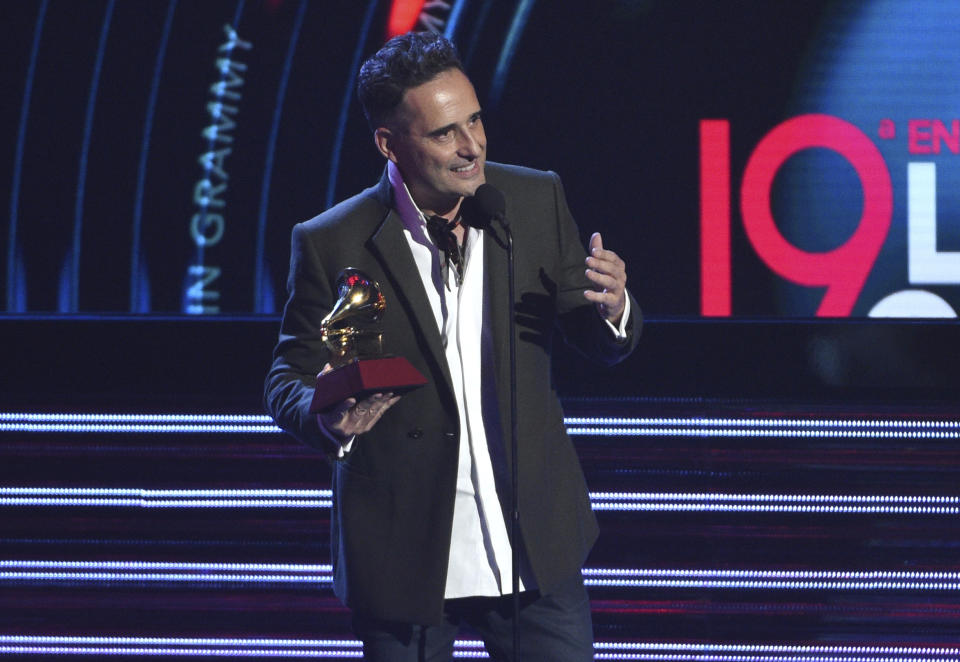 Jorge Drexler accepts the award for song of the year for "Telefonia" at the Latin Grammy Awards on Thursday, Nov. 15, 2018, at the MGM Grand Garden Arena in Las Vegas. (Photo by Chris Pizzello/Invision/AP)