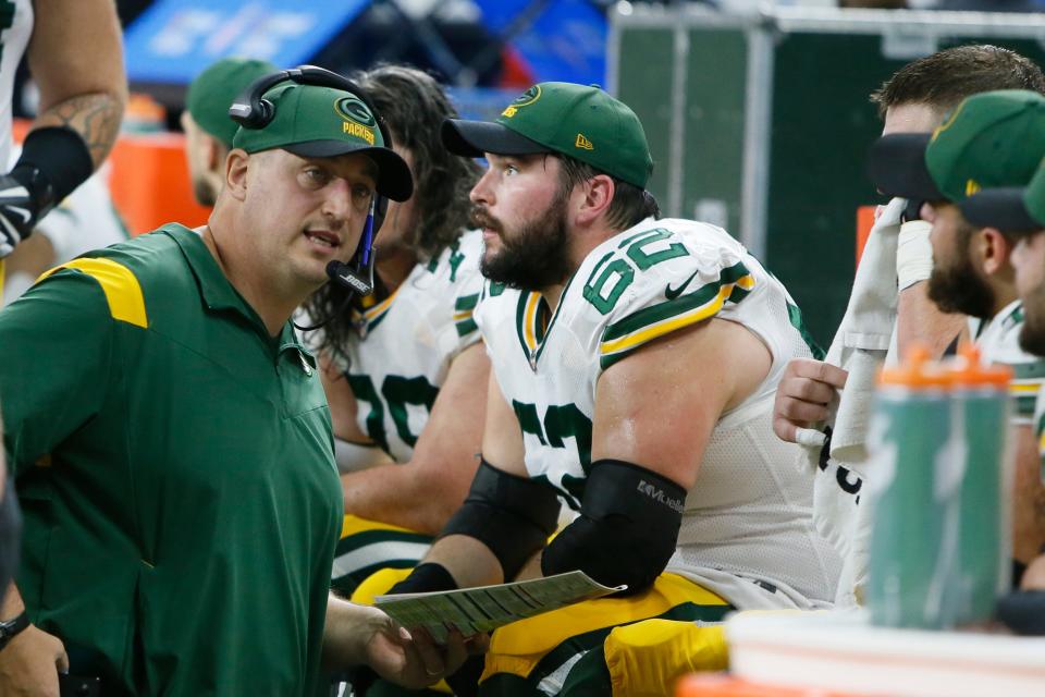 Adam Stenavich talks to his team during the first half of a game against the Detroit Lions on Jan. 9 in Detroit. The Marshfield native has been promoted to offensive coordinator of the Green Bay Packers.