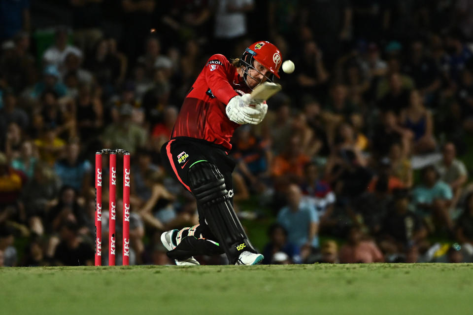 Seen here, Nic Maddinson hits a shot during the Renegades' win against Brisbane Heat in the BBL. 