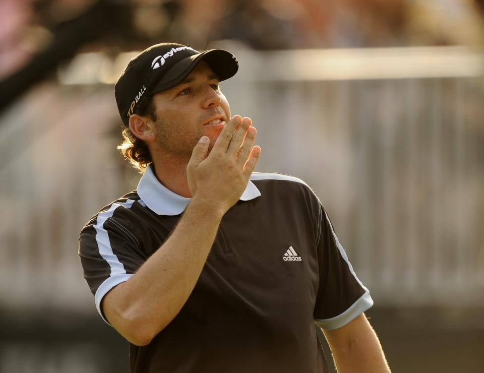 PARAMUS, NJ - AUGUST 24: Sergio Garcia of Spain reacts after making a clutch birdie putt on the first playoff hole during the final round of The Barclays held at the Ridgewood Country Club on August 24, 2008 in Paramus, New Jersey. The Barclays is the first event of the PGA TOUR Playoffs for the FedExCup. (Photo by Chris Condon/PGA TOUR)