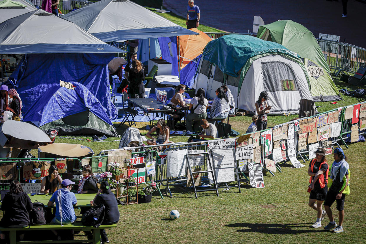 A pro-Palestinian encampment. (Erin Clark / The Boston Globe via Getty Images)