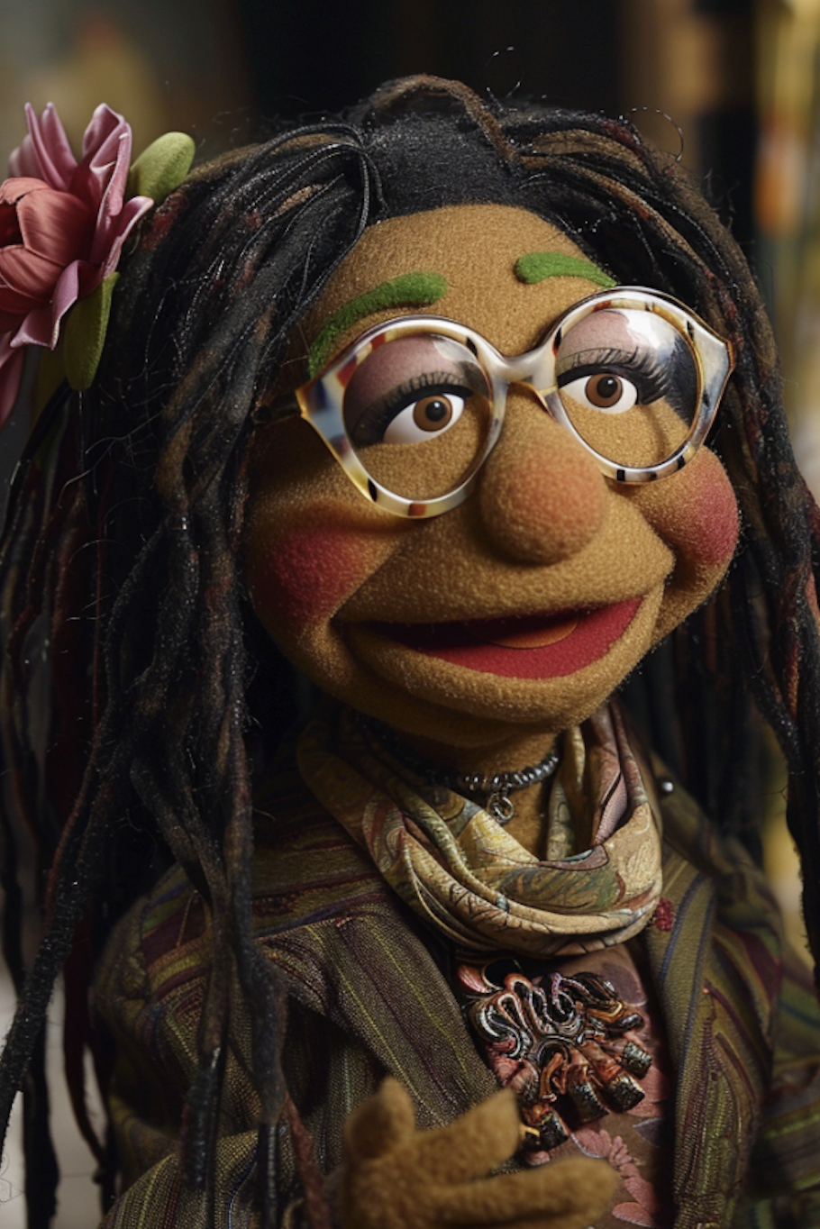 A Muppet wearing glasses and a flower in hair, styled in a patterned shirt and scarf