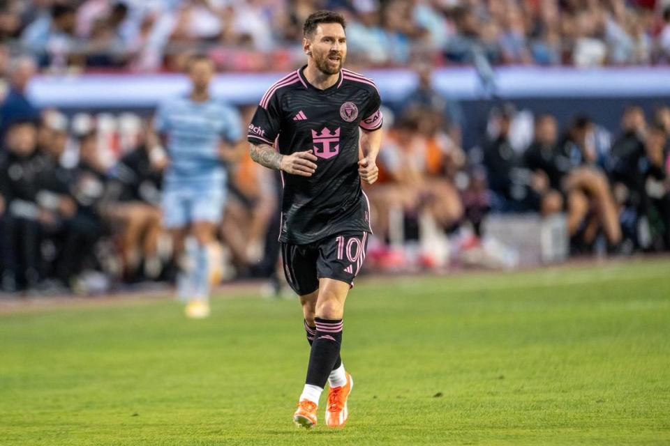 Inter Miami forward Lionel Messi (10) yells out to a teammate during the first half of an MLS game against Sporting Kansas City at GEHA Field at Arrowhead Stadium on Saturday, April 13, 2024, in Kansas City.