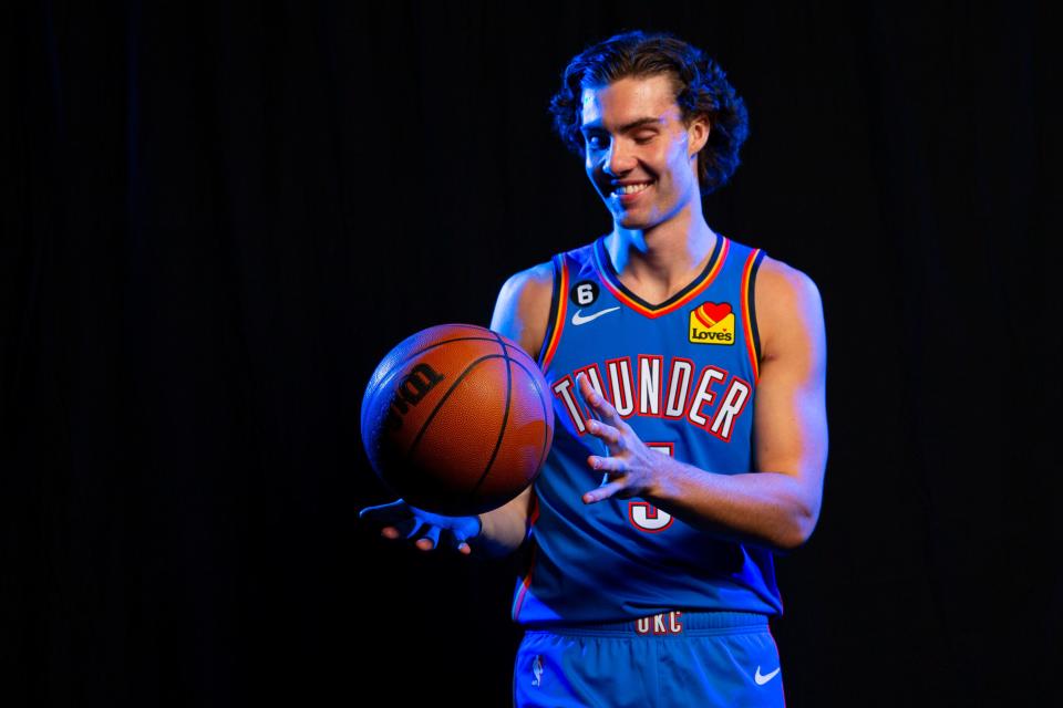 Oklahoma City's Josh Giddey (3) poses for a photo during the Oklahoma City Thunder media day at Paycom Center in Oklahoma City, Wednesday, Sept. 28, 2022.