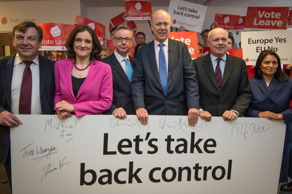 (Left to right) John Whittingdale, Theresa Villiers, Michael Gove, Chris Grayling, Iain Duncan Smith and Priti Patel attend the launch of the Vote Leave campaign at the group's headquarters in central London.