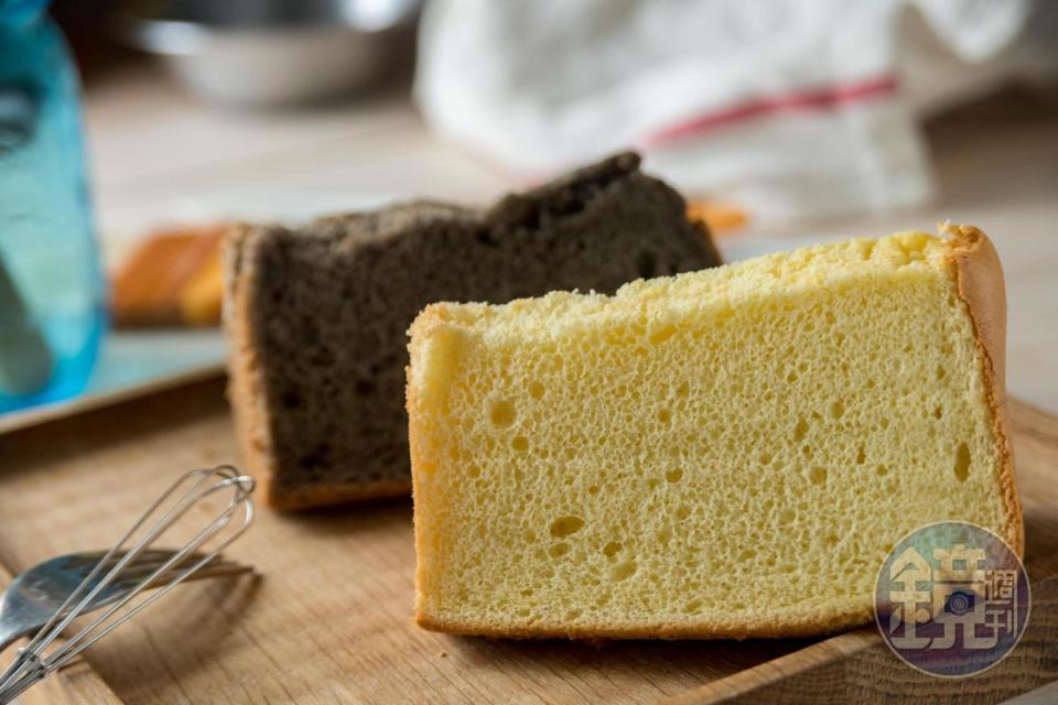 用宜蘭在地米磨粉取代麵粉的米戚風蛋糕，濕潤彈Q，口感鬆綿。（白米60元／片、紫米70元／片）