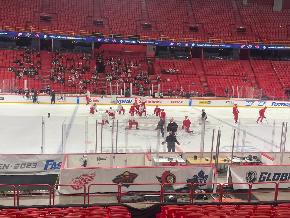 Detroit Red Wings practice at Avicii Arena in Stockholm, Sweden, Nov. 14, 2023 ahead of the NHL Global Series games.