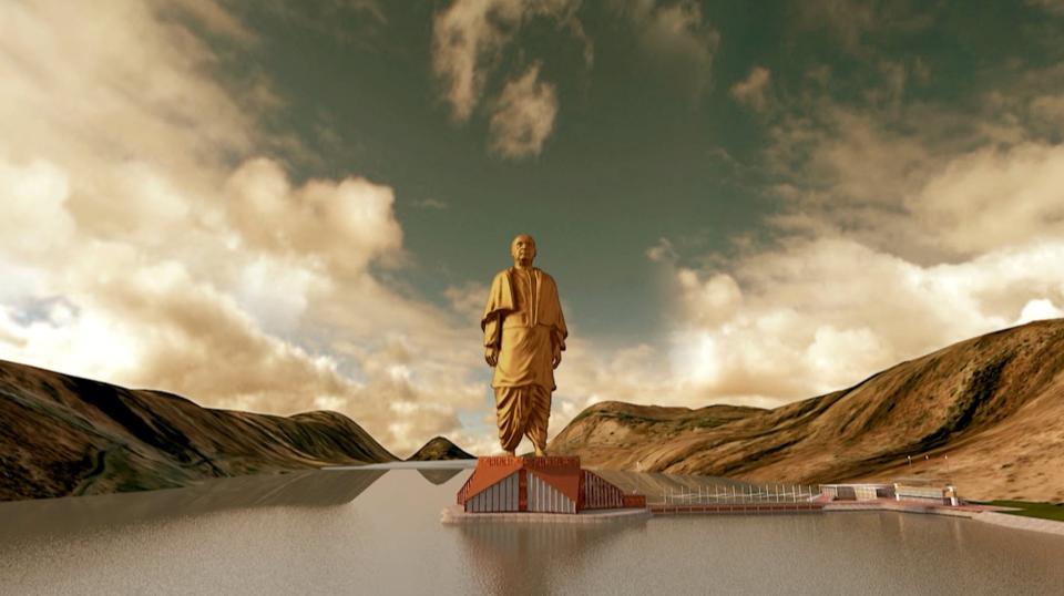 A still image from video shows an artist's rendering of a statue of Sardar Vallabhbhai Patel, to be constructed in the western Indian state of Gujarat, in this handout provided by Information Department Gujarat State October 31, 2013. Indian opposition leader Narendra Modi is building the world's tallest statue at a cost of almost $340 million in honour of one of the country's founding fathers, a project he is using to undermine his chief rivals, the Gandhi-Nehru political dynasty. The statue of Patel, who was first Prime Minister Jawaharlal Nehru's deputy and his interior minister but often at odds with him, is to be built on a river island in Gujarat, the home state of both Patel and Modi. REUTERS/Information Department Gujarat State/Handout via Reuters (INDIA - Tags: POLITICS TPX IMAGES OF THE DAY) NO SALES. NO ARCHIVES. FOR EDITORIAL USE ONLY. NOT FOR SALE FOR MARKETING OR ADVERTISING CAMPAIGNS. THIS IMAGE HAS BEEN SUPPLIED BY A THIRD PARTY. IT IS DISTRIBUTED, EXACTLY AS RECEIVED BY REUTERS, AS A SERVICE TO CLIENTS