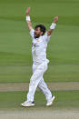 Pakistan's Yasir Shah appeals unsuccessfully for the wicket of England's Jos Buttler during the fourth day of the first cricket Test match between England and Pakistan at Old Trafford in Manchester, England, Saturday, Aug. 8, 2020. (Dan Mullan/Pool via AP)