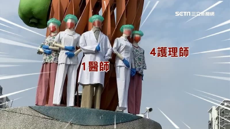 防疫超人後面還有1位醫師跟4位護理師分站兩旁。