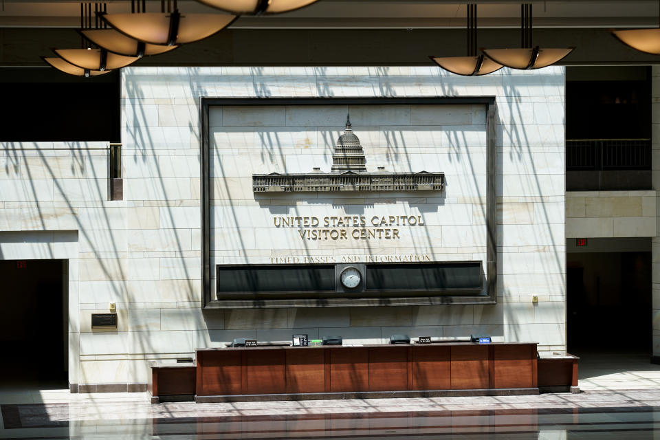 This June 29, 2021, photo shows the empty U.S. Capitol Visitor Center, closed since the COVID-19 shutdown in early 2020, is seen at the Capitol in Washington. (AP Photo/J. Scott Applewhite)