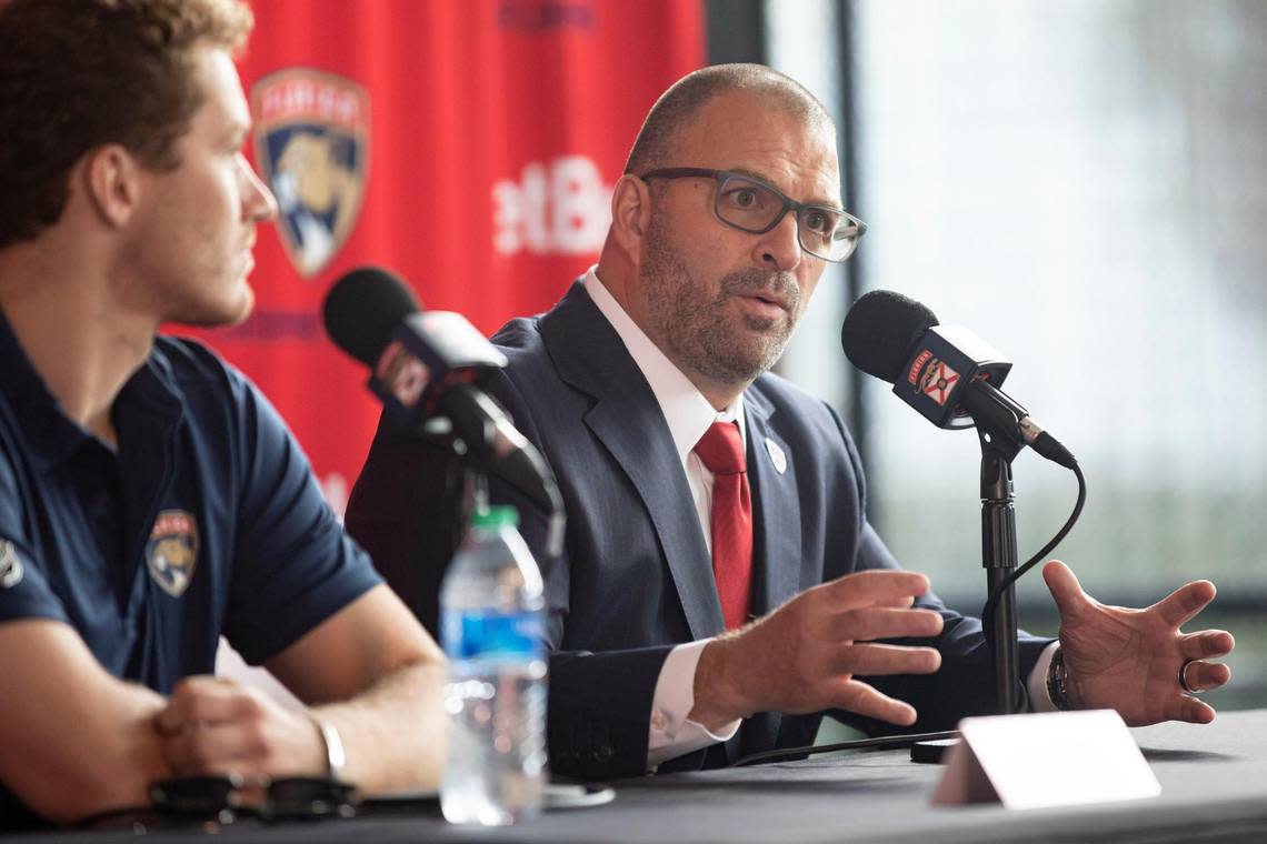 Florida Panthers General Manager Bill Zito speaks at an introductory press conference at FLA Live Arena in Sunrise, Florida on Monday, July 25, 2022.