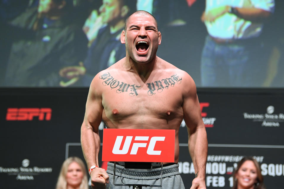 PHOENIX, ARIZONA - FEBRUARY 16:  Cain Velasquez poses on the scale during the UFC Fight Night weigh-in at Comerica Theatre on February 16, 2019 in the Phoenix, Arizona. (Photo by Josh Hedges/Zuffa LLC/Zuffa LLC via Getty Images)