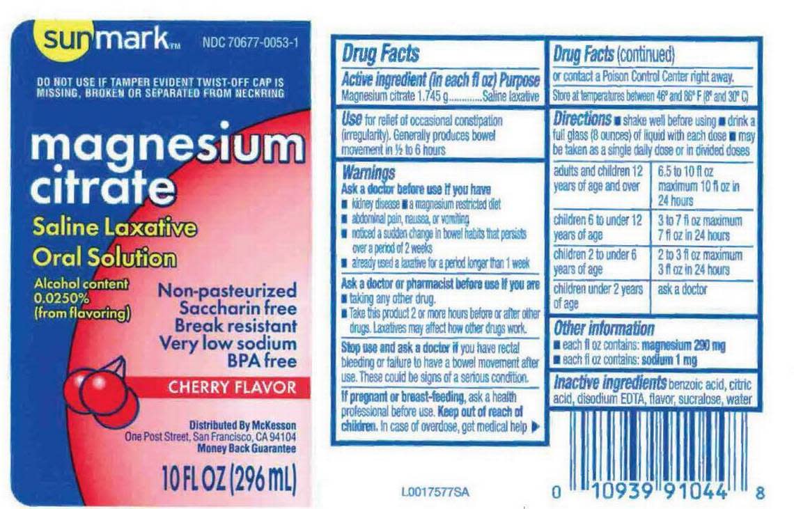 A deconstructed box of Sunmark Magnesium Citrate laxative, cherry flavor.