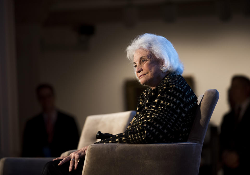 This April 15, 2015 photo released by Seneca Women shows Justice Sandra Day O'Connor at the Seneca Women Global Leadership Forum at the National Museum of Women in the Arts in Washington. O'Connor, the first woman on the Supreme Court, announced Tuesday that she has the beginning stages of dementia, “probably Alzheimer’s disease.” (Kevin Wolf/Seneca Women via AP)