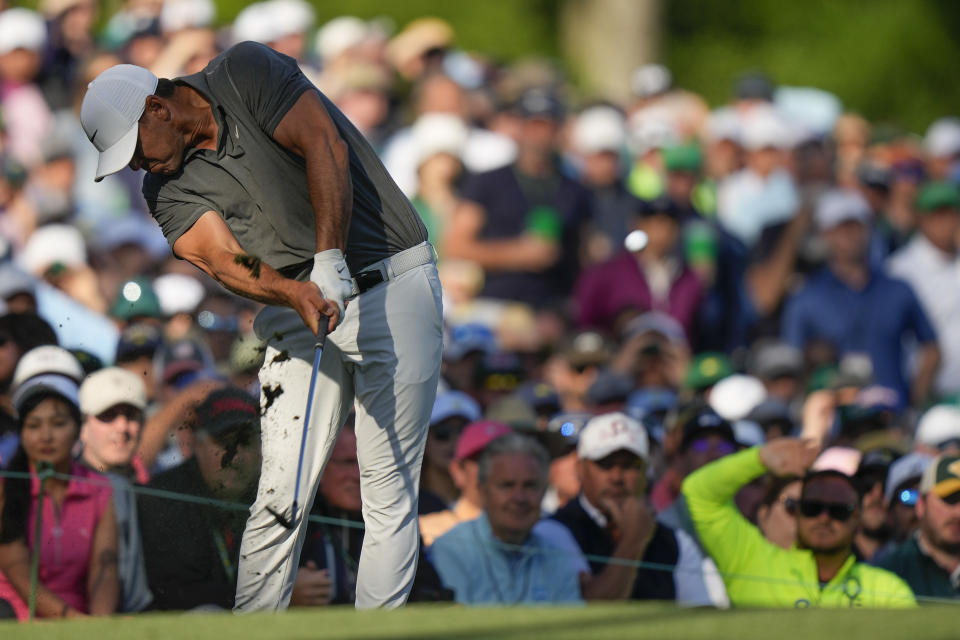 Brooks Koepka hits his tee shot on the 12th hole during the final round of the Masters golf tournament at Augusta National Golf Club on Sunday, April 9, 2023, in Augusta, Ga. (AP Photo/Charlie Riedel)