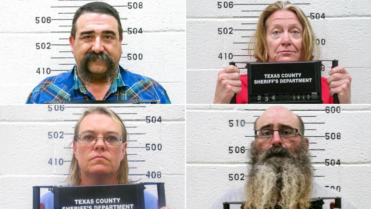 After two women went missing, law enforcement made four arrests in Oklahoma’s Cimarron and Texas counties (clockwise, from top left): Cole Twombly, Tifany Adams, Tad Cullum and Cora Twombly.