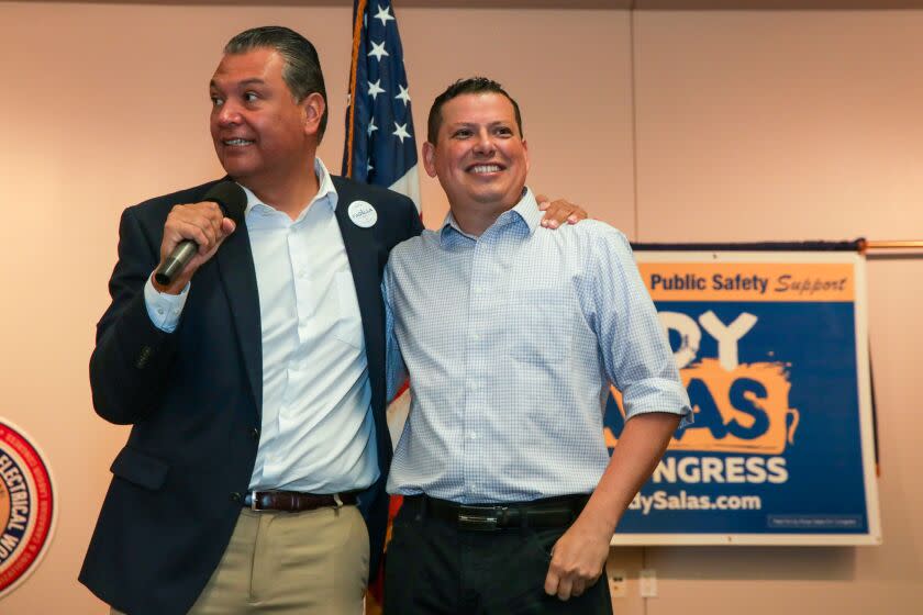 Bakersfield, CA - October 22: Senator Alex Padilla, left, campaigns for assemblyman Rudy Salas, running against incumbent Rep. David Valadao for the newly drawn congressional district 22., at a campaign event at IBEW Local 428 on Saturday, Oct. 22, 2022 in Bakersfield, CA. (Irfan Khan / Los Angeles Times)