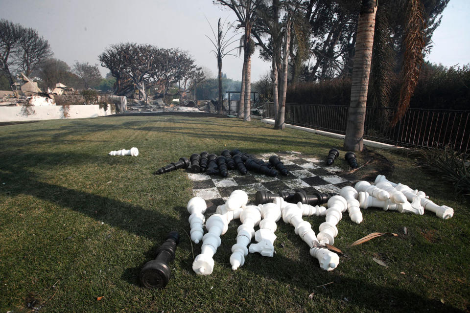 Robin Thicke's Malibu home has been destroyed in the California fires. An outdoor chess set at Thicke's home following the blaze. Source: AAP