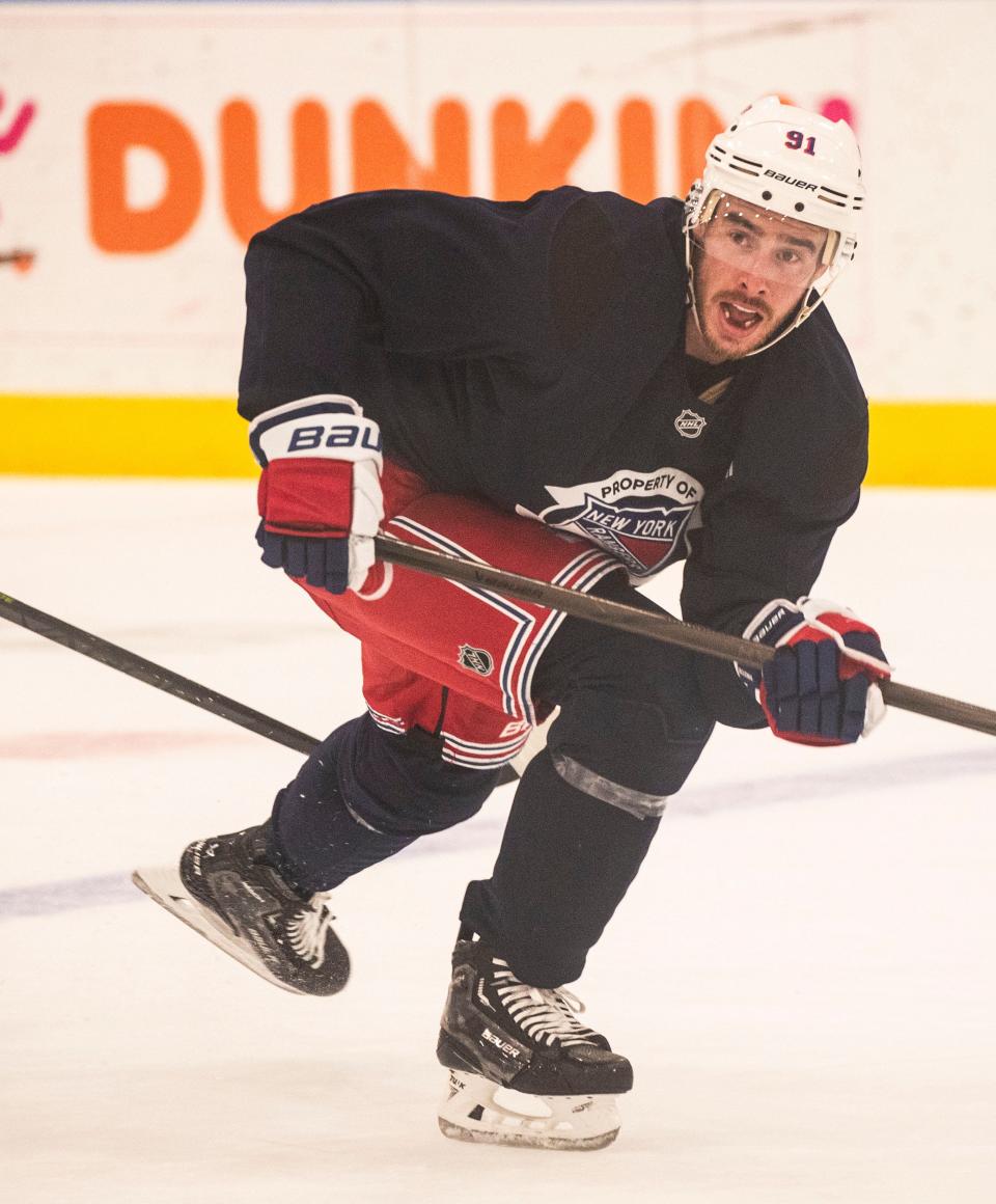 Reilly Smith skates during the first day of the New York Rangers training camp at their practice facility in Greenburgh, N.Y. Sept. 19, 2024.