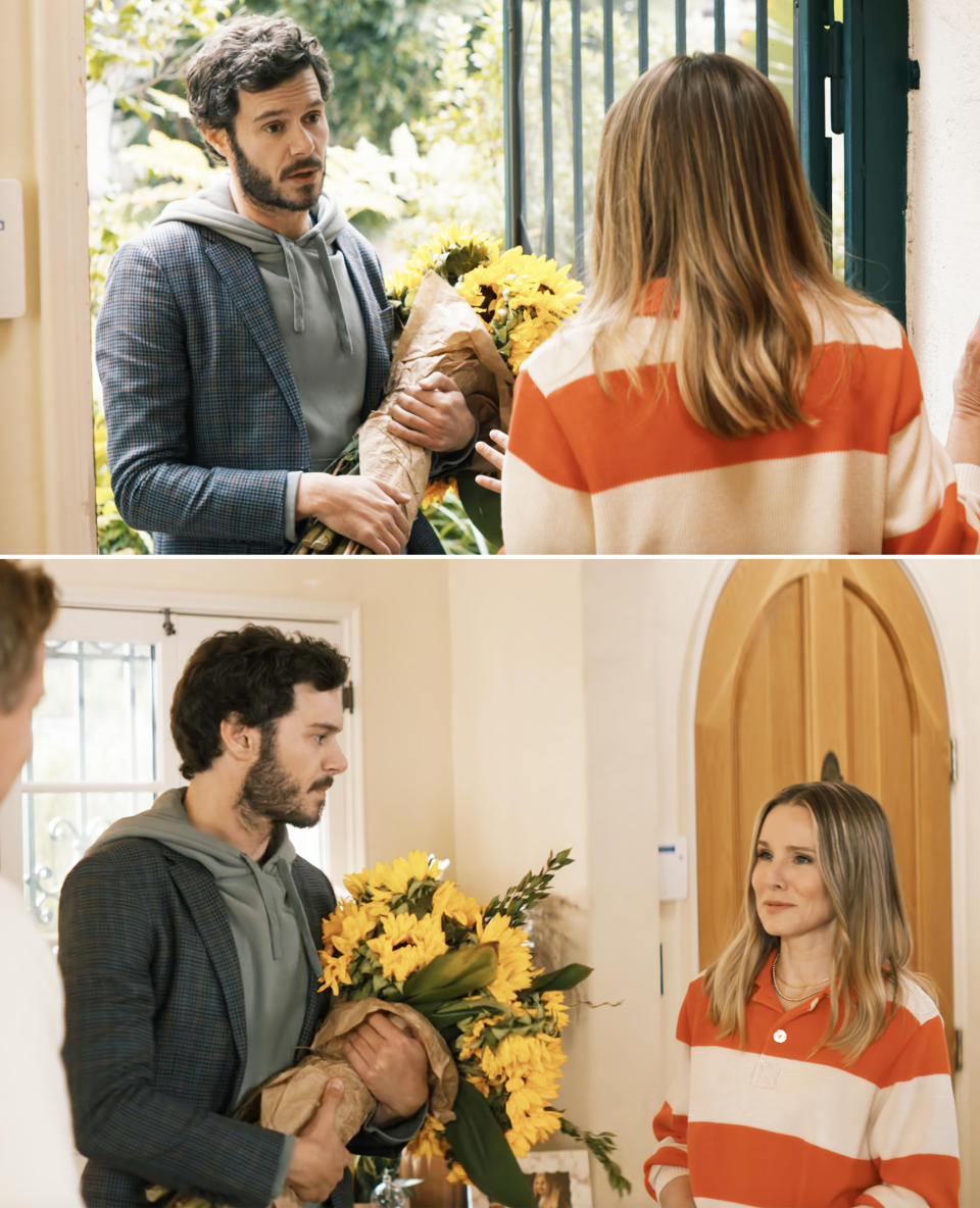 A scene from "Nobody wants that" with Noah holding a huge bouquet of sunflowers