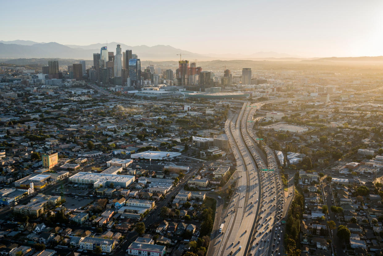 Aerial view of urban downtown Los Angeles and the Santa Monica Interstate 10 freeway.