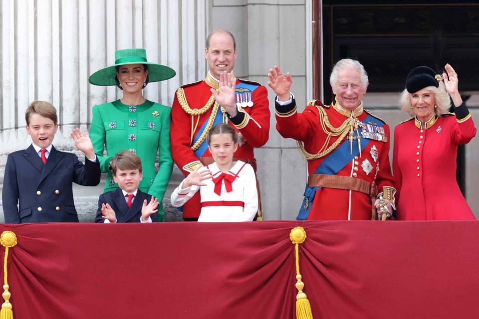 <p>Chris Jackson/Getty </p> Prince George, Kate Middleton, Prince Louis, Prince William, Princess Charlotte, King Charles and Queen Camilla on the balcony of Buckingham Palace during Trooping the Colour on June 17, 2023 in London. 