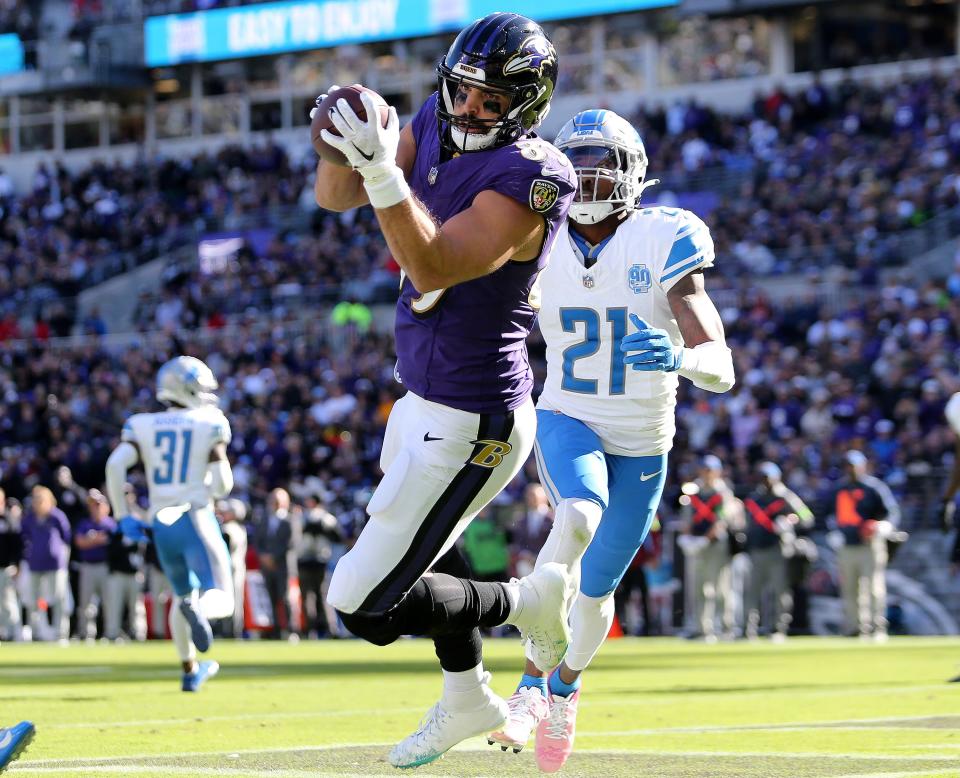 Baltimore Ravens tight end Mark Andrews (89) catches a touchdown pass during an NFL football game against the Detroit Lions, Oct. 22, 2023, in Baltimore. Andrews is back at practice for the Ravens after missing the final six games of the regular season because of an ankle injury.