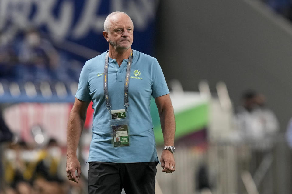 FILE - Australia's head coach Graham Arnold watches play during their World Cup 2022 group B qualifying soccer match between Australia and Japan at Saitama Stadium in Saitama, north of Tokyo, Tuesday, Oct. 12, 2021. (AP Photo/Shuji Kajiyama, File)