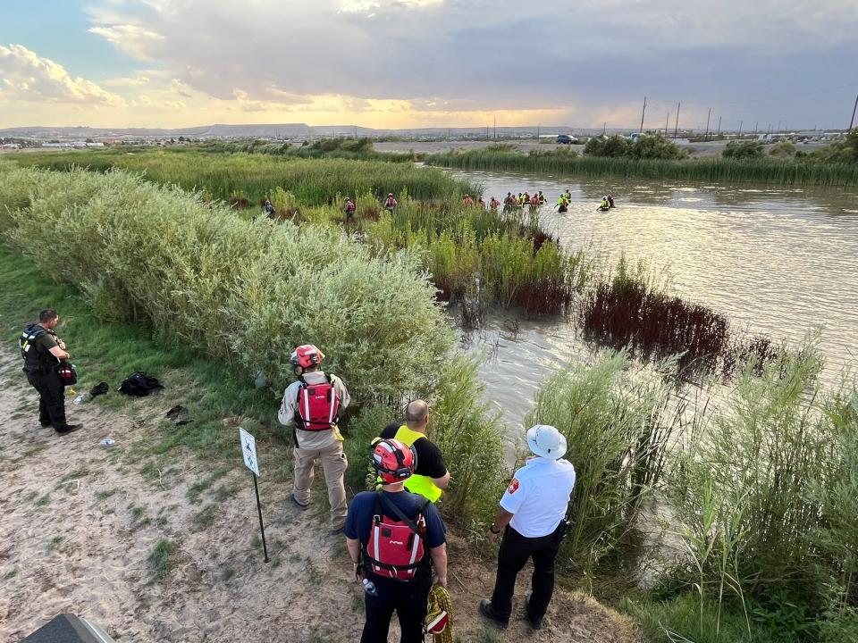 Divers from various agencies pulled 54 migrants from the Rio Grande in an uncommon mass water rescue on Tuesday evening, July 9, 2024, in Sunland Park, New Mexico, bordering El Paso, Texas.