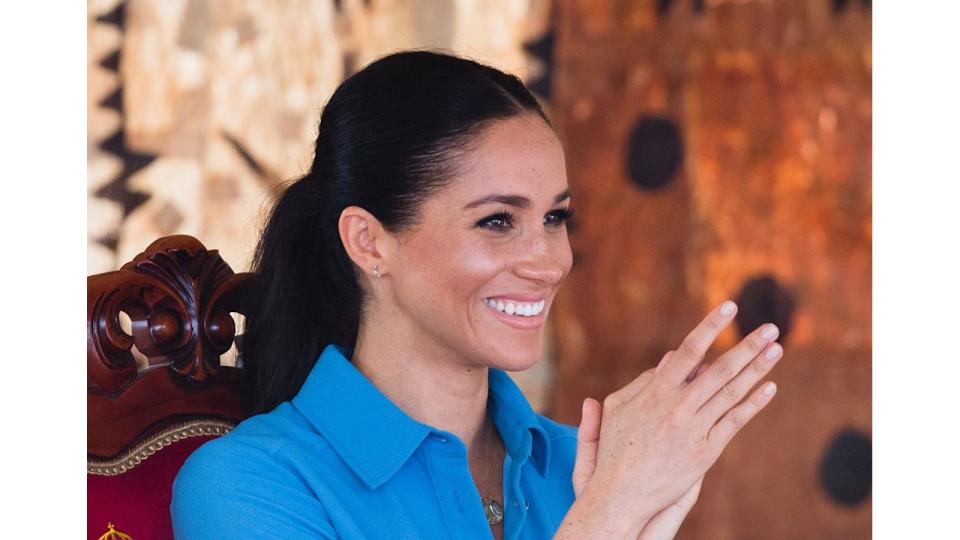 Meghan Markle wearing blue dress in Tonga