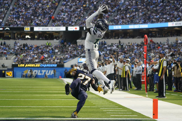 Los Angeles Chargers cornerback J.C. Jackson (27) takes his stance during  an NFL football game against the Seattle Seahawks, Sunday, Oct. 23, 2022,  in Inglewood, Calif. (AP Photo/Kyusung Gong Stock Photo - Alamy